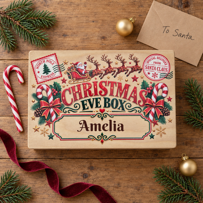 A personalized Christmas Eve box on a rustic wooden table, surrounded by pine branches, candy canes, a brown envelope with 'To Santa' written on it, and gold ornaments. The box is printed with festive illustrations of Santa Claus, candy canes, pinecones, and the text 'CHRISTMAS EVE BOX' and the name 'Amelia'.