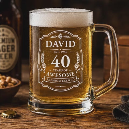 Personalised Beer Tankard Glass | Custom Engraved Birthday Pint Glass | Name, Age & Year Beer Mug Gift for Men