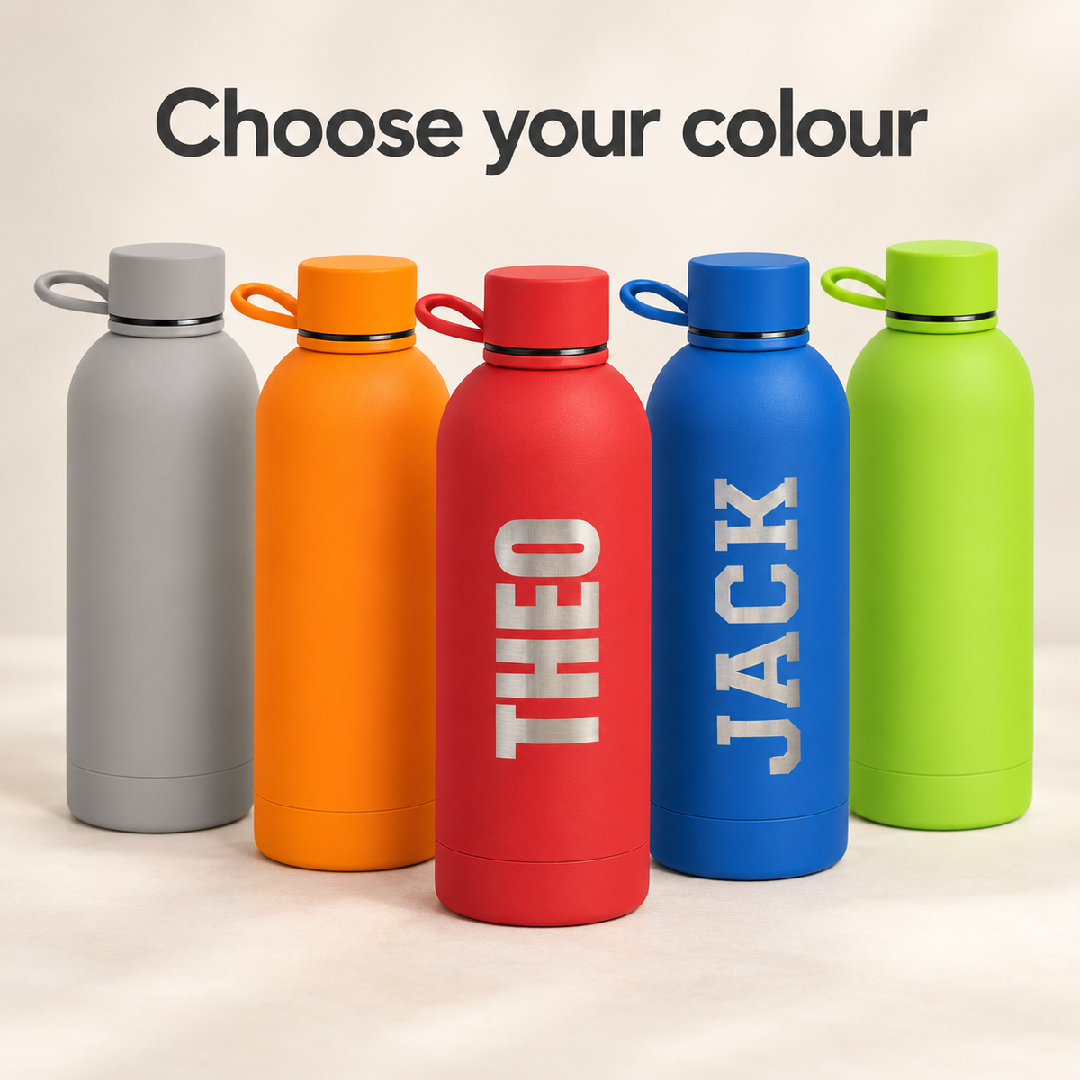 Five water bottle colours: grey, orange, red, blue and lime green