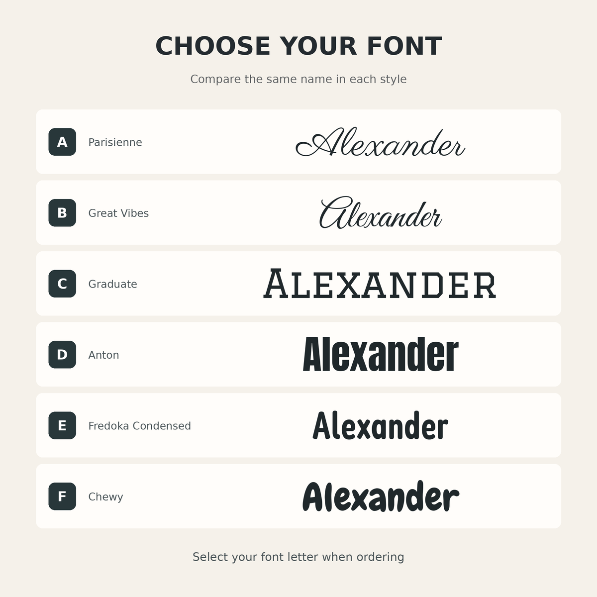 Engraving font choices A Parisienne, B Great Vibes, C Graduate, D Anton, E Fredoka Condensed and F Chewy